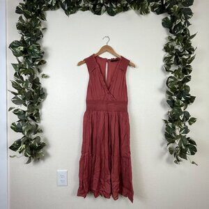 Frye Sleeveless Plunge V-Neck Peasant Midi Boho Dress Pink Women’s Size XS